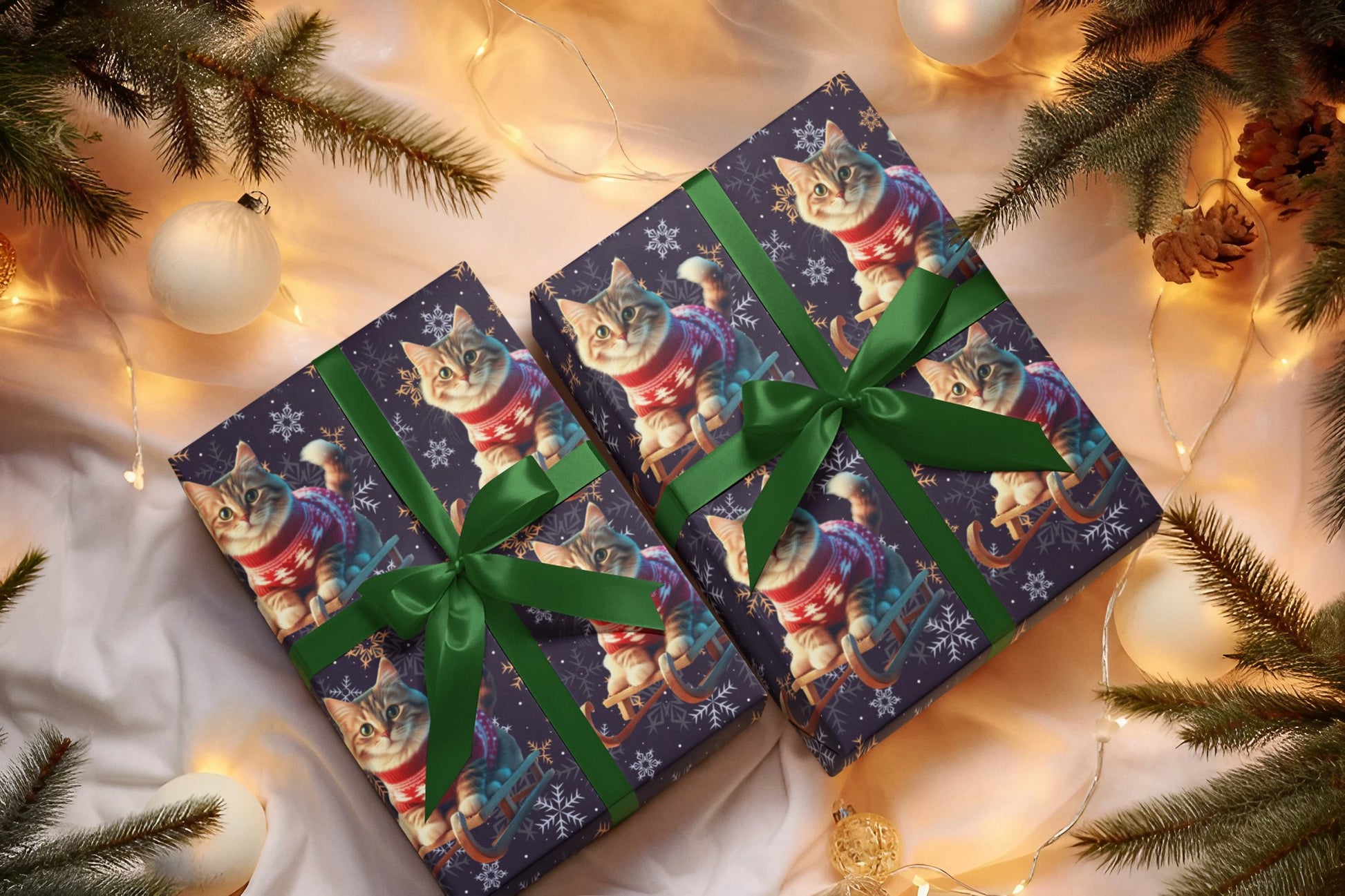 Cat on Sled Wrapping Paper, Holiday Gift Wrap, Christmas Cat Theme, Festive Present Wrap, Winter Magic Packaging, Cat Lover Gift Wrap - EternalAscension