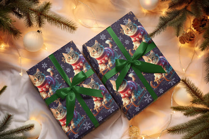 Cat on Sled Wrapping Paper, Holiday Gift Wrap, Christmas Cat Theme, Festive Present Wrap, Winter Magic Packaging, Cat Lover Gift Wrap - EternalAscension