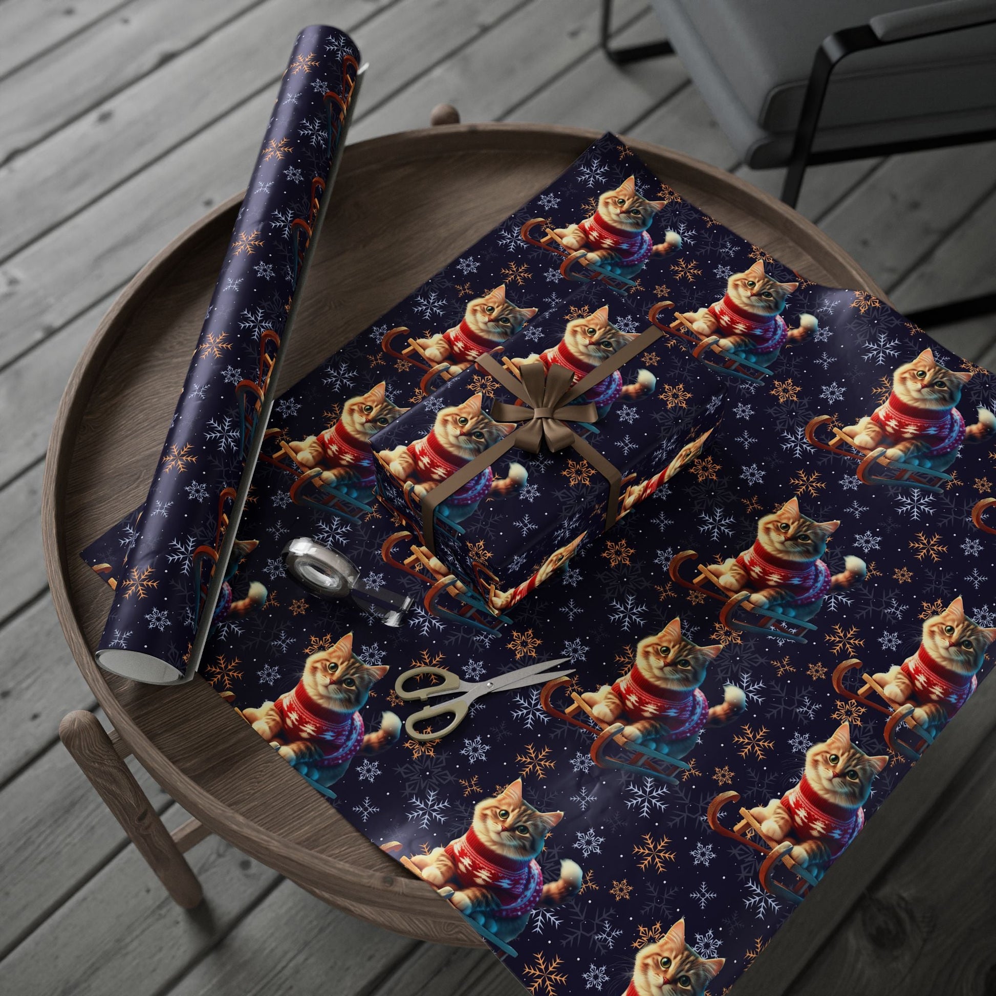 Cat on Sled Wrapping Paper, Holiday Gift Wrap, Christmas Cat Theme, Festive Present Wrap, Winter Magic Packaging, Cat Lover Gift Wrap - EternalAscension