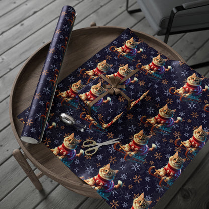 Cat on Sled Wrapping Paper, Holiday Gift Wrap, Christmas Cat Theme, Festive Present Wrap, Winter Magic Packaging, Cat Lover Gift Wrap - EternalAscension