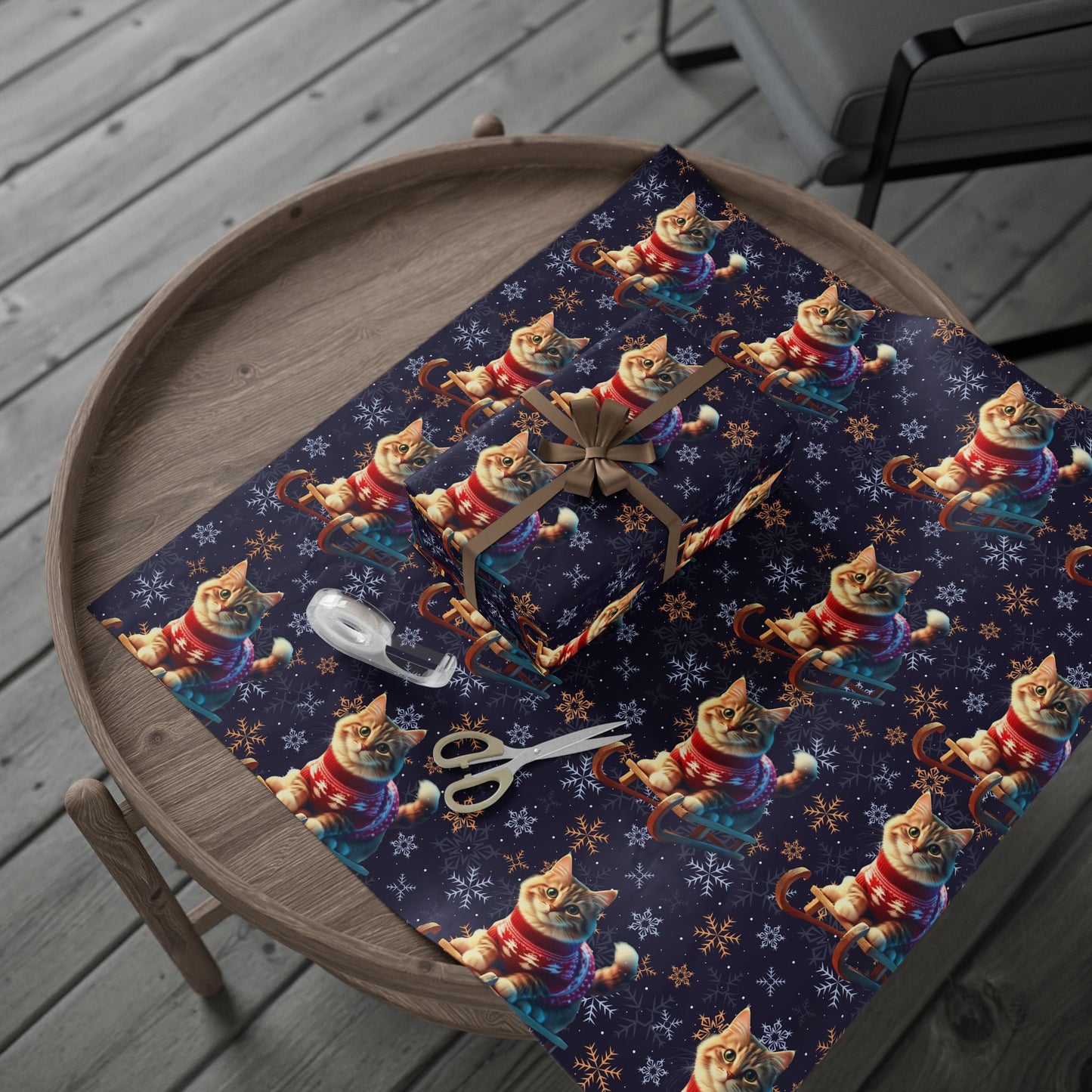 Cat on Sled Wrapping Paper, Holiday Gift Wrap, Christmas Cat Theme, Festive Present Wrap, Winter Magic Packaging, Cat Lover Gift Wrap - EternalAscension