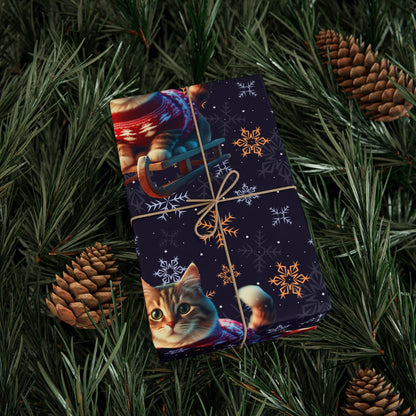 Cat on Sled Wrapping Paper, Holiday Gift Wrap, Christmas Cat Theme, Festive Present Wrap, Winter Magic Packaging, Cat Lover Gift Wrap - EternalAscension