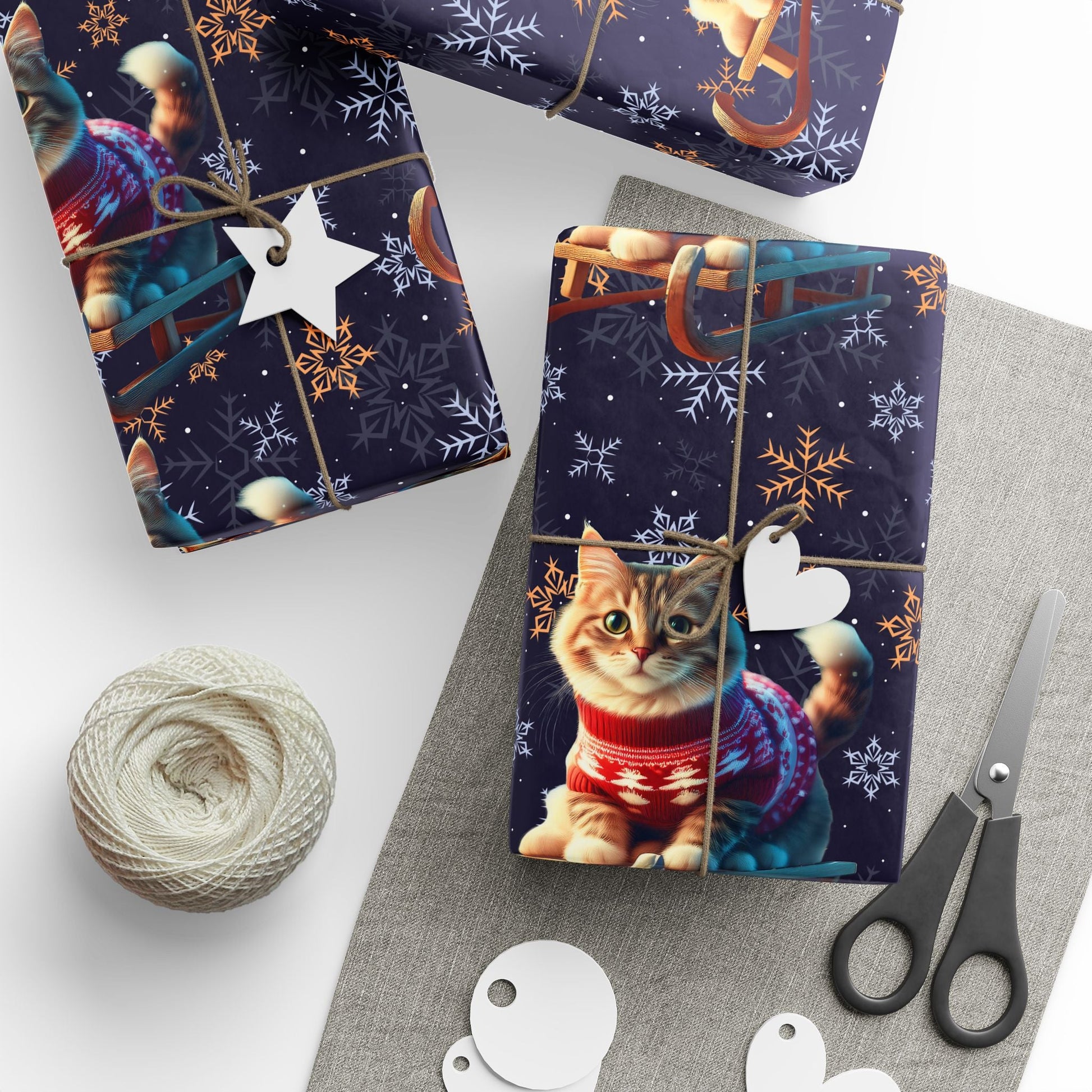 Cat on Sled Wrapping Paper, Holiday Gift Wrap, Christmas Cat Theme, Festive Present Wrap, Winter Magic Packaging, Cat Lover Gift Wrap - EternalAscension