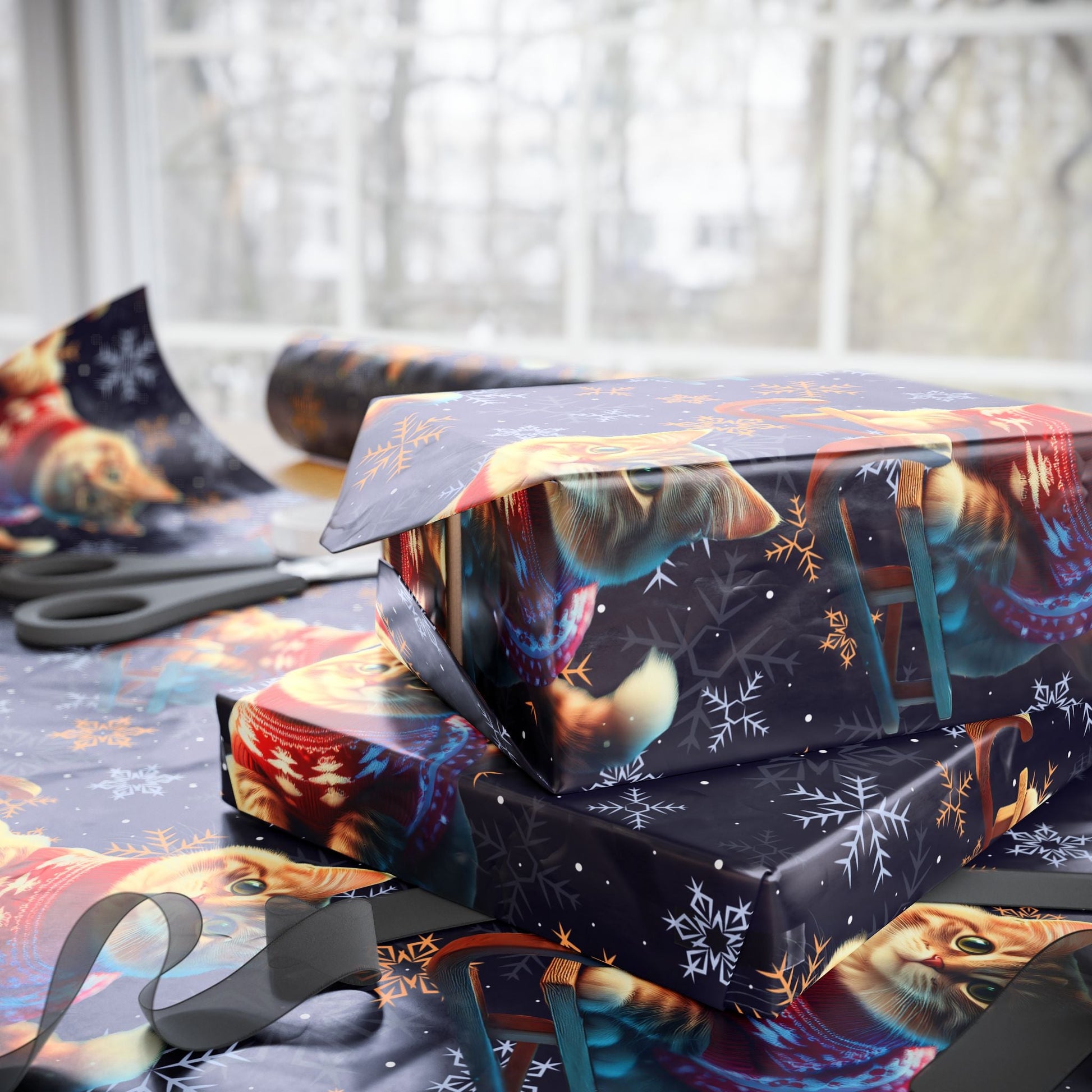 Cat on Sled Wrapping Paper, Holiday Gift Wrap, Christmas Cat Theme, Festive Present Wrap, Winter Magic Packaging, Cat Lover Gift Wrap - EternalAscension
