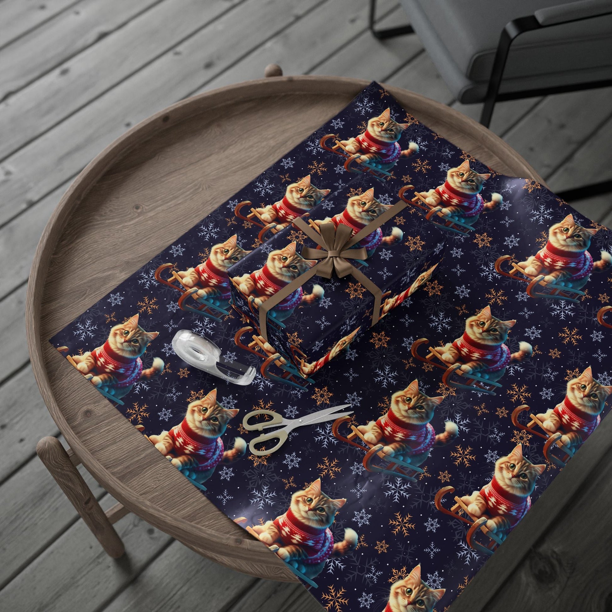 Cat on Sled Wrapping Paper, Holiday Gift Wrap, Christmas Cat Theme, Festive Present Wrap, Winter Magic Packaging, Cat Lover Gift Wrap - EternalAscension