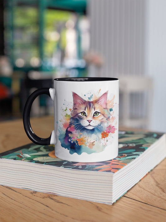 Cat Watercolor Accent Mug, Floral Design, 11oz Coffee Cup, Nature Lover Gift, Vibrant Colorful Tea Mug, Green Eyes Pink Nose Whiskers, - EternalAscension