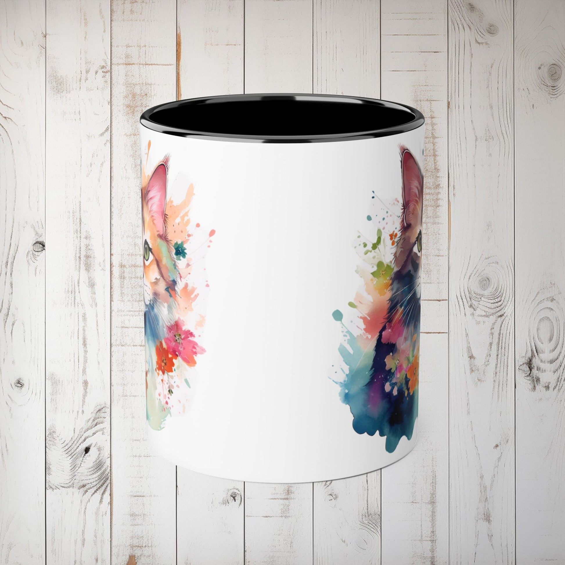 Cat Watercolor Accent Mug, Floral Design, 11oz Coffee Cup, Nature Lover Gift, Vibrant Colorful Tea Mug, Green Eyes Pink Nose Whiskers, - EternalAscension
