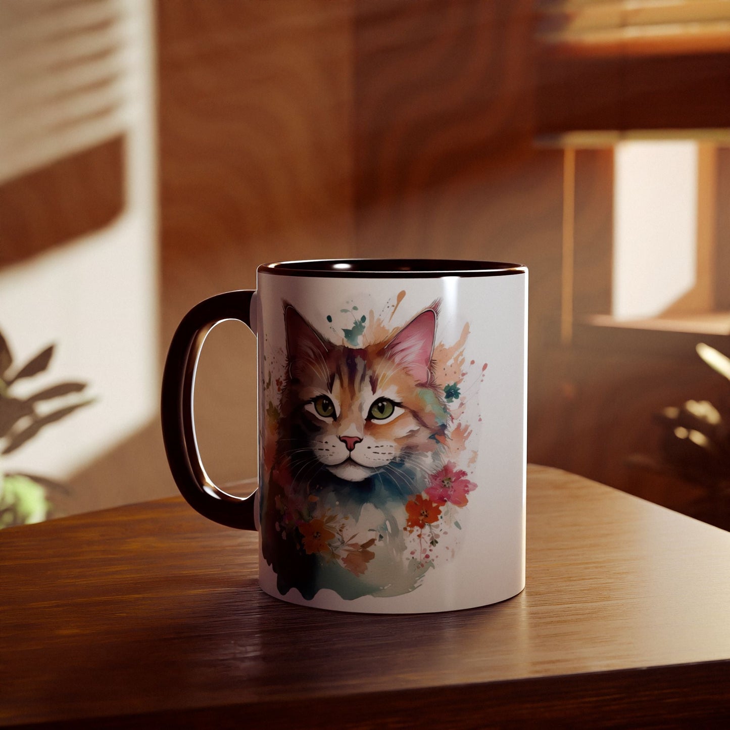 Cat Watercolor Accent Mug, Floral Design, 11oz Coffee Cup, Nature Lover Gift, Vibrant Colorful Tea Mug, Green Eyes Pink Nose Whiskers, - EternalAscension