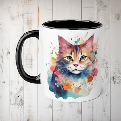 Cat Watercolor Accent Mug, Floral Design, 11oz Coffee Cup, Nature Lover Gift, Vibrant Colorful Tea Mug, Green Eyes Pink Nose Whiskers, - EternalAscension