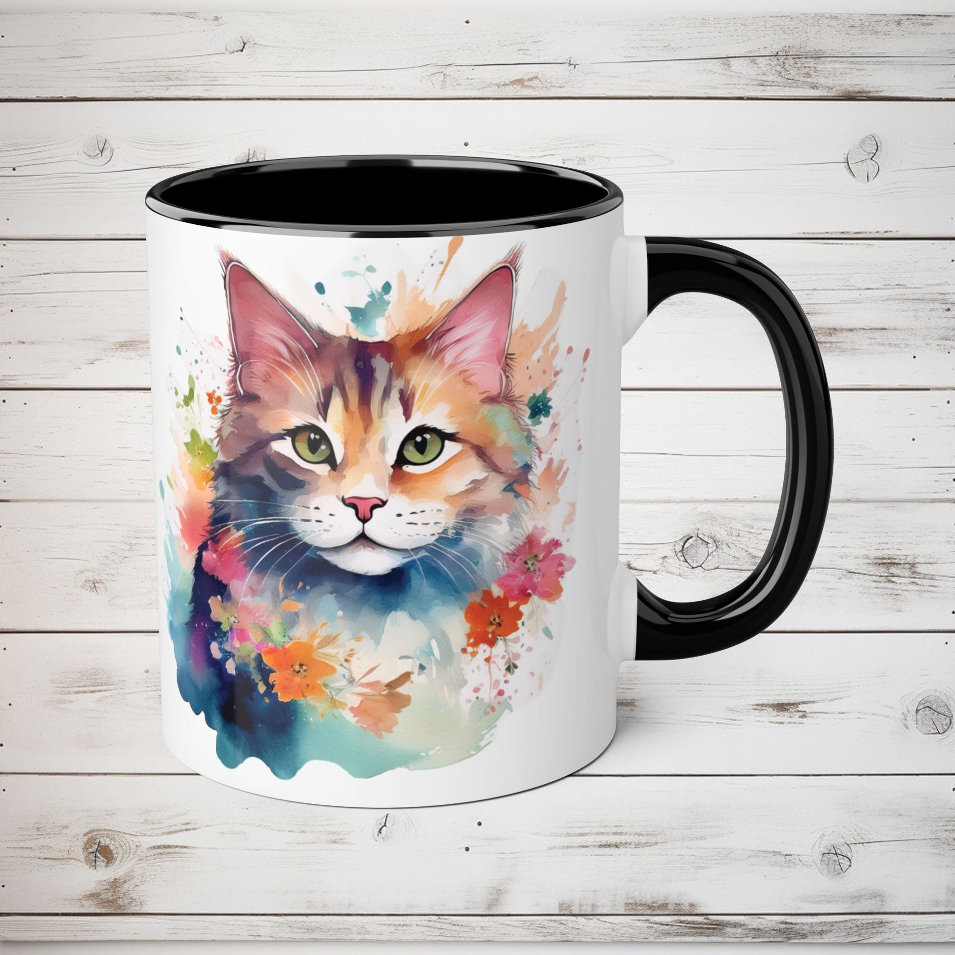 Cat Watercolor Accent Mug, Floral Design, 11oz Coffee Cup, Nature Lover Gift, Vibrant Colorful Tea Mug, Green Eyes Pink Nose Whiskers, - EternalAscension