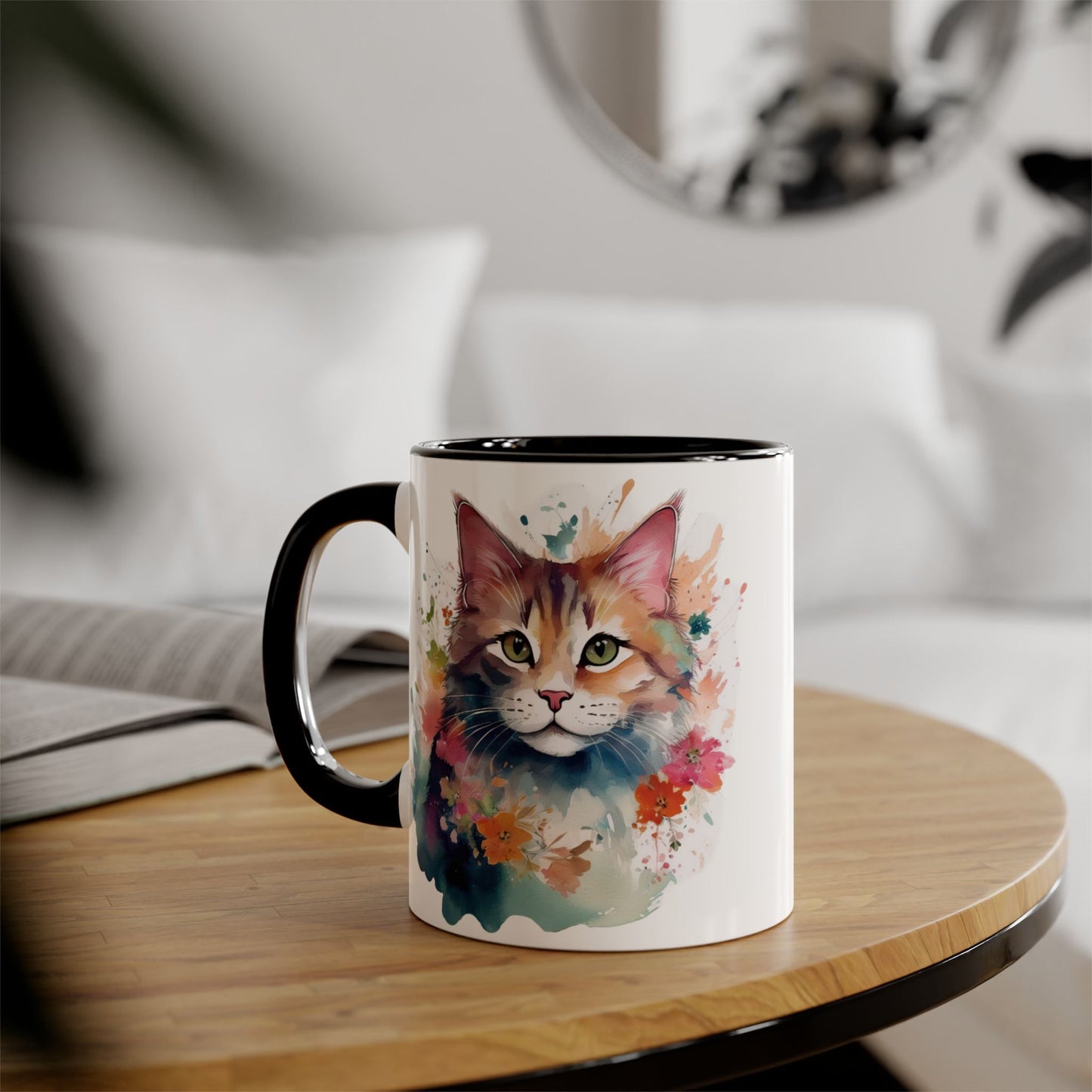 Cat Watercolor Accent Mug, Floral Design, 11oz Coffee Cup, Nature Lover Gift, Vibrant Colorful Tea Mug, Green Eyes Pink Nose Whiskers, - EternalAscension