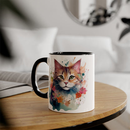 Cat Watercolor Accent Mug, Floral Design, 11oz Coffee Cup, Nature Lover Gift, Vibrant Colorful Tea Mug, Green Eyes Pink Nose Whiskers, - EternalAscension