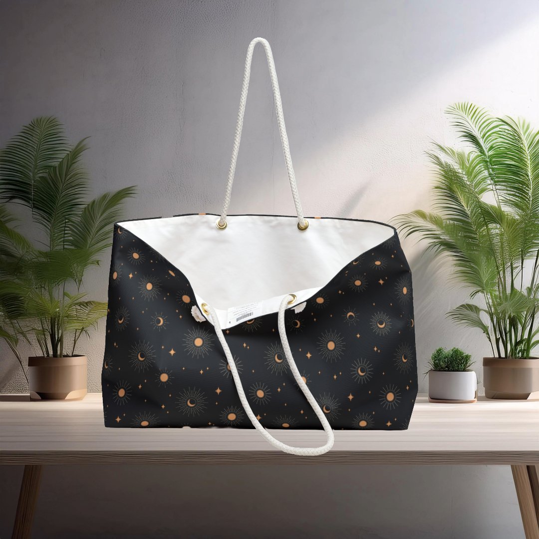 Celestial Tote Bag, Sun Moon Star Pattern, Weekend Travel Bag - EternalAscension