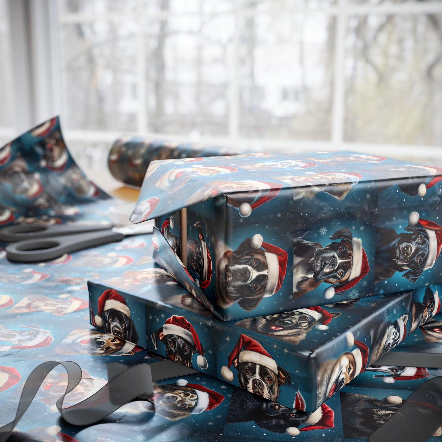 Christmas Dog Wrapping Papers, Santa Hat Holiday Gift Wrap, Dog Breed Pattern, Festive Canine Theme, Pet Lover Presents, Custom Printing - EternalAscension