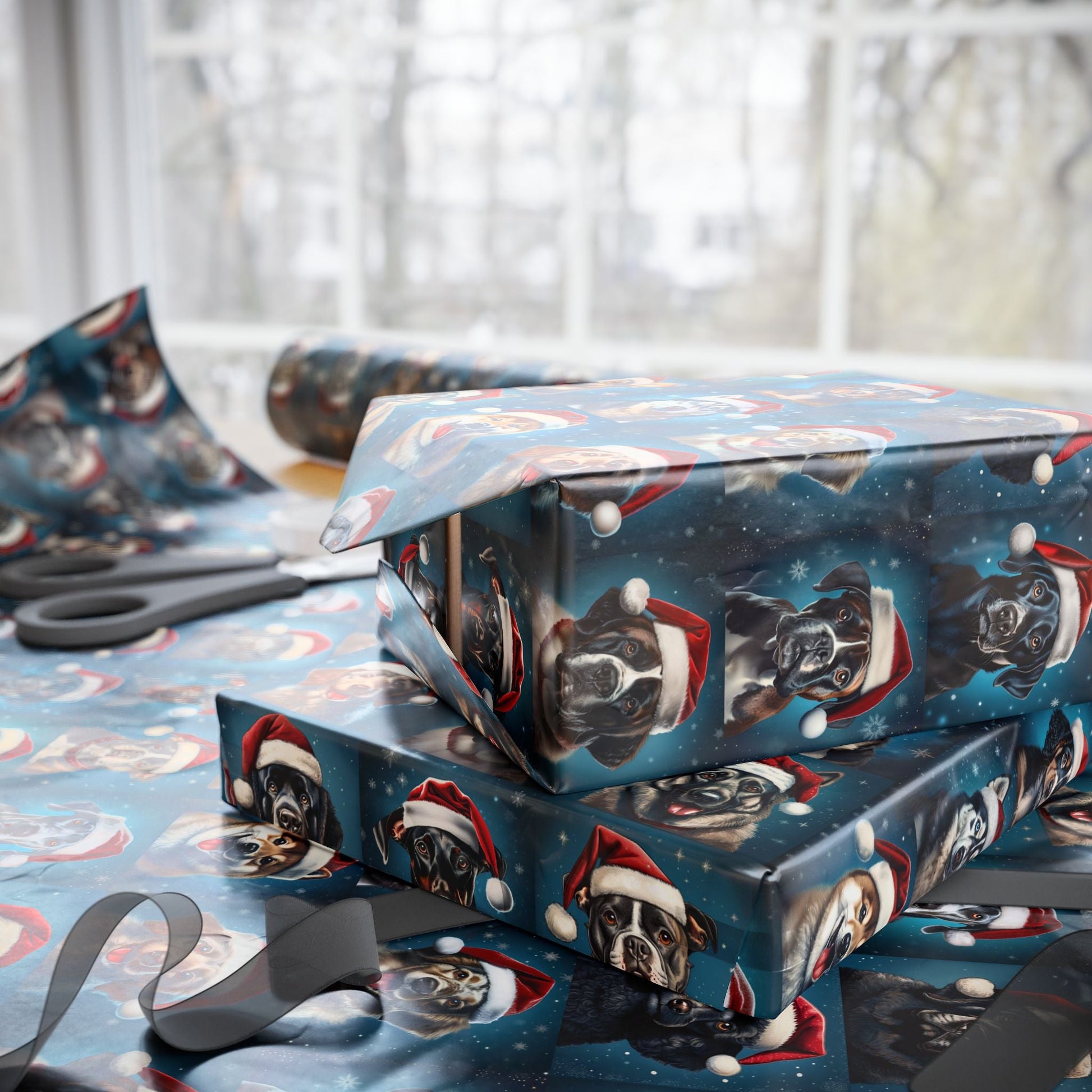 Christmas Dog Wrapping Papers, Santa Hat Holiday Gift Wrap, Dog Breed Pattern, Festive Canine Theme, Pet Lover Presents, Custom Printing - EternalAscension