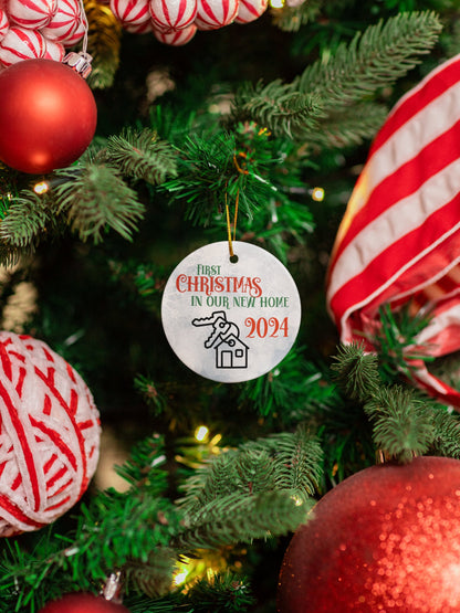 Christmas Housewarming Ceramic Ornament, New Homeowner Gift, Holiday Decoration, 2024 Keepsake, House Key Ornament, Bokeh Background - EternalAscension