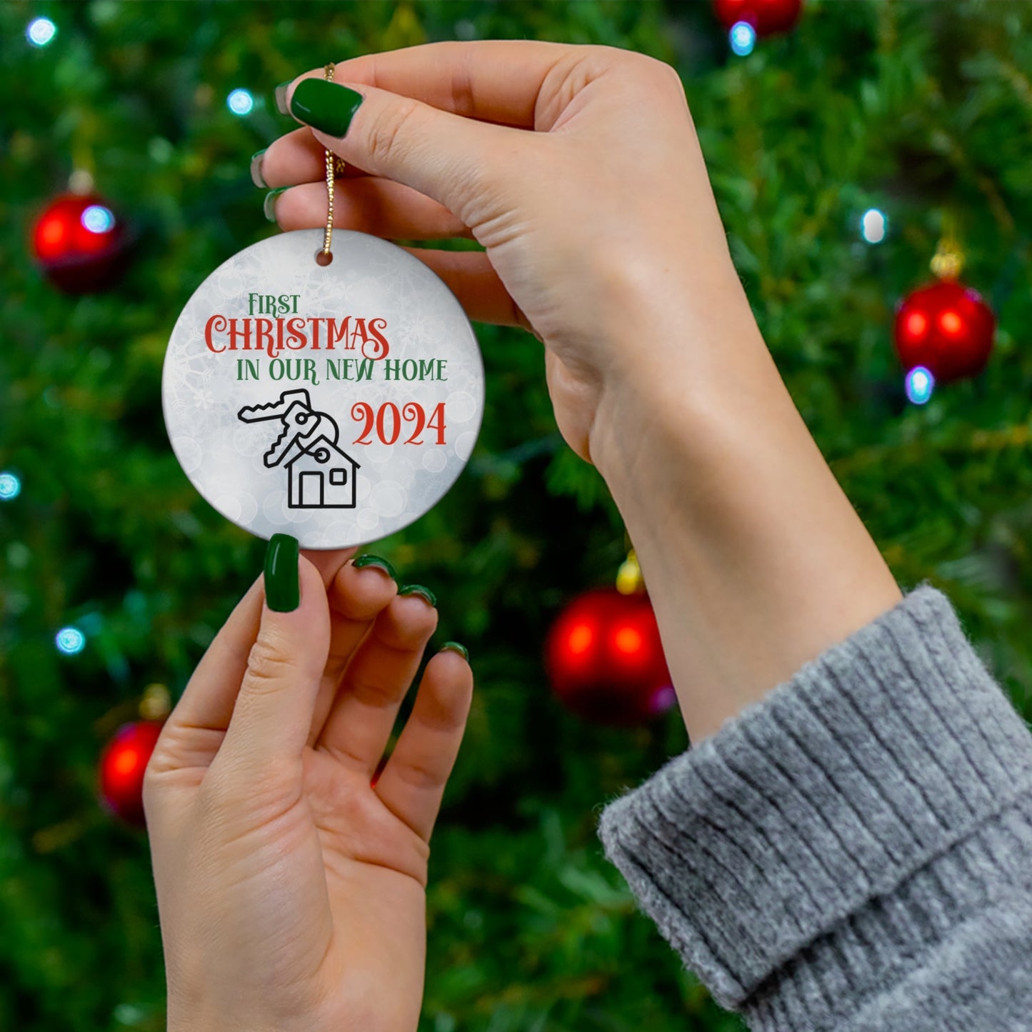 Christmas Housewarming Ceramic Ornament, New Homeowner Gift, Holiday Decoration, 2024 Keepsake, House Key Ornament, Bokeh Background - EternalAscension