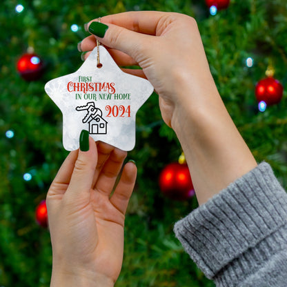 Christmas Housewarming Ceramic Ornament, New Homeowner Gift, Holiday Decoration, 2024 Keepsake, House Key Ornament, Bokeh Background - EternalAscension