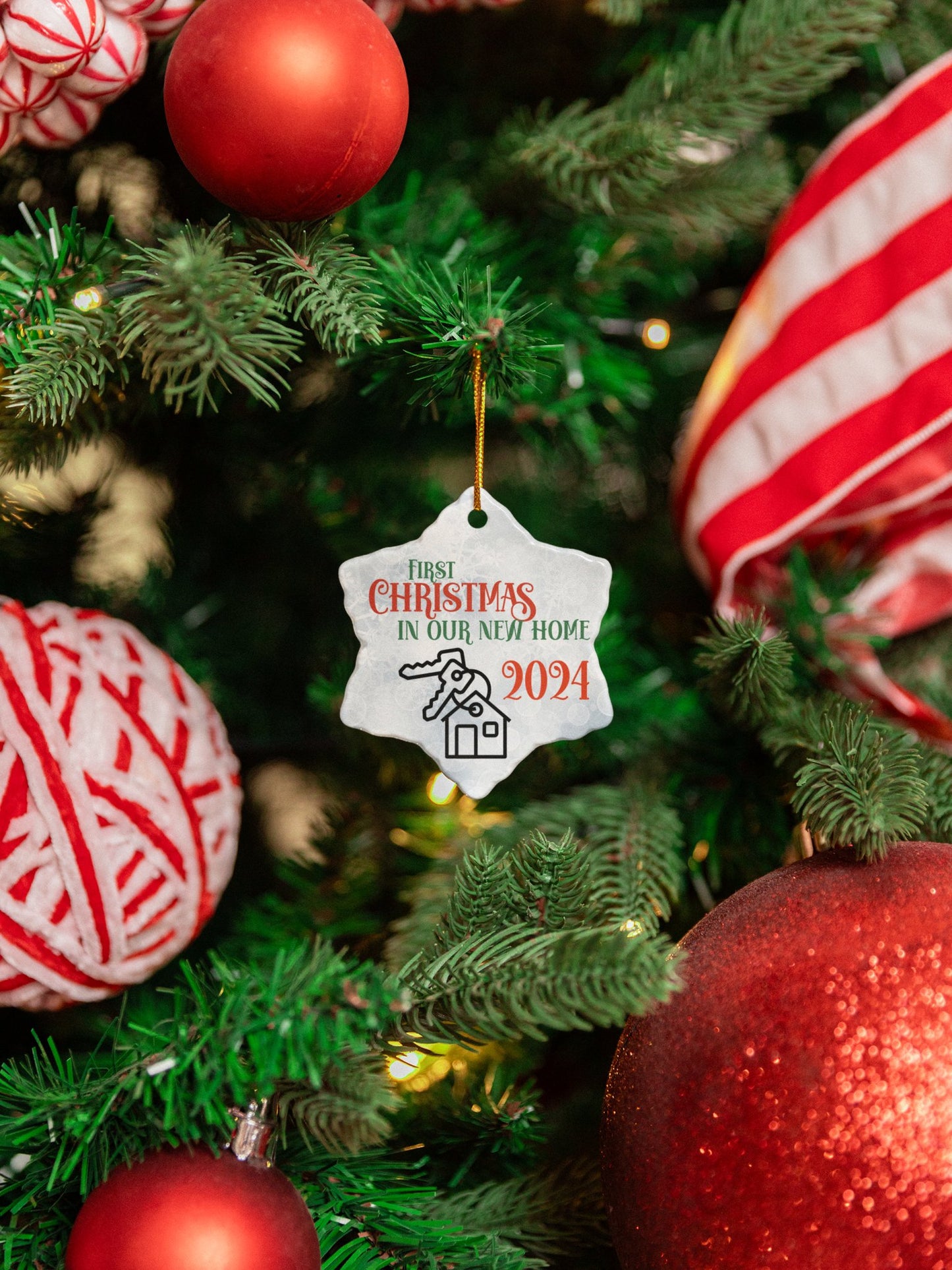 Christmas Housewarming Ceramic Ornament, New Homeowner Gift, Holiday Decoration, 2024 Keepsake, House Key Ornament, Bokeh Background - EternalAscension