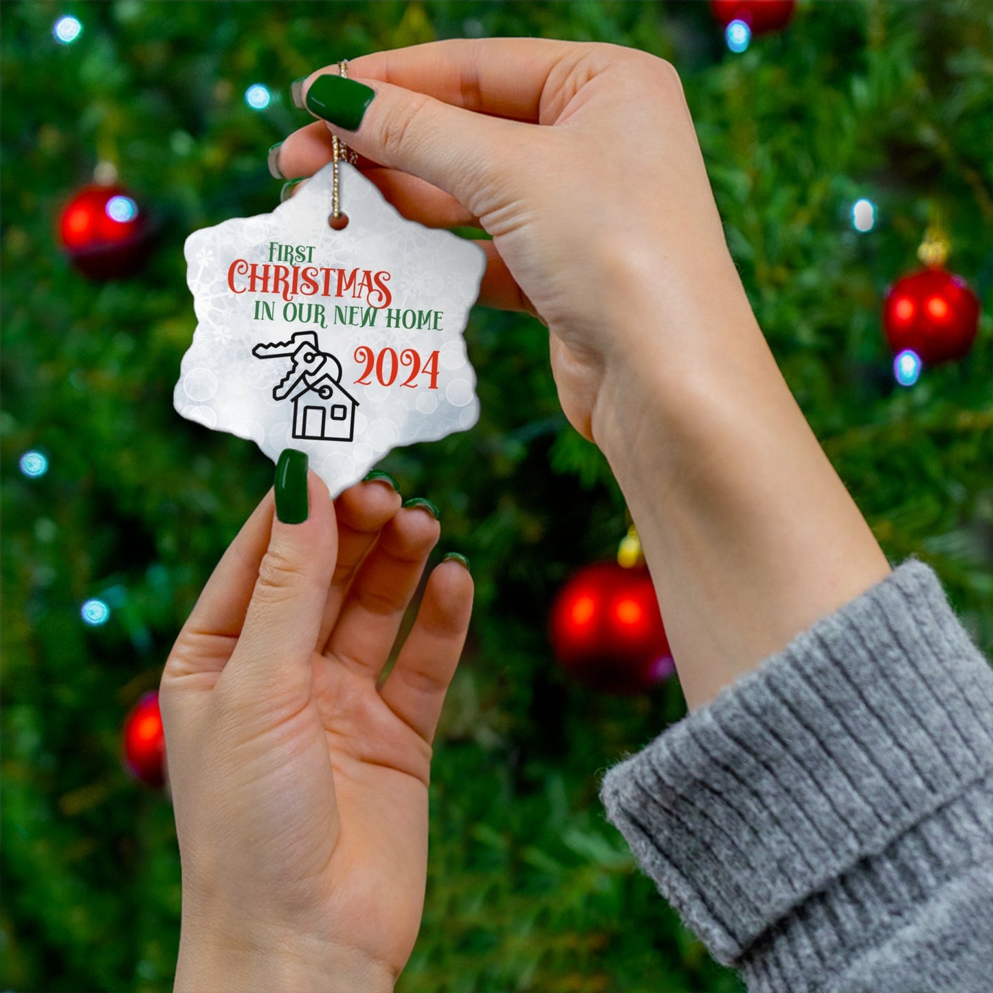 Christmas Housewarming Ceramic Ornament, New Homeowner Gift, Holiday Decoration, 2024 Keepsake, House Key Ornament, Bokeh Background - EternalAscension