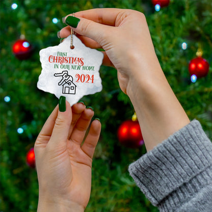 Christmas Housewarming Ceramic Ornament, New Homeowner Gift, Holiday Decoration, 2024 Keepsake, House Key Ornament, Bokeh Background - EternalAscension