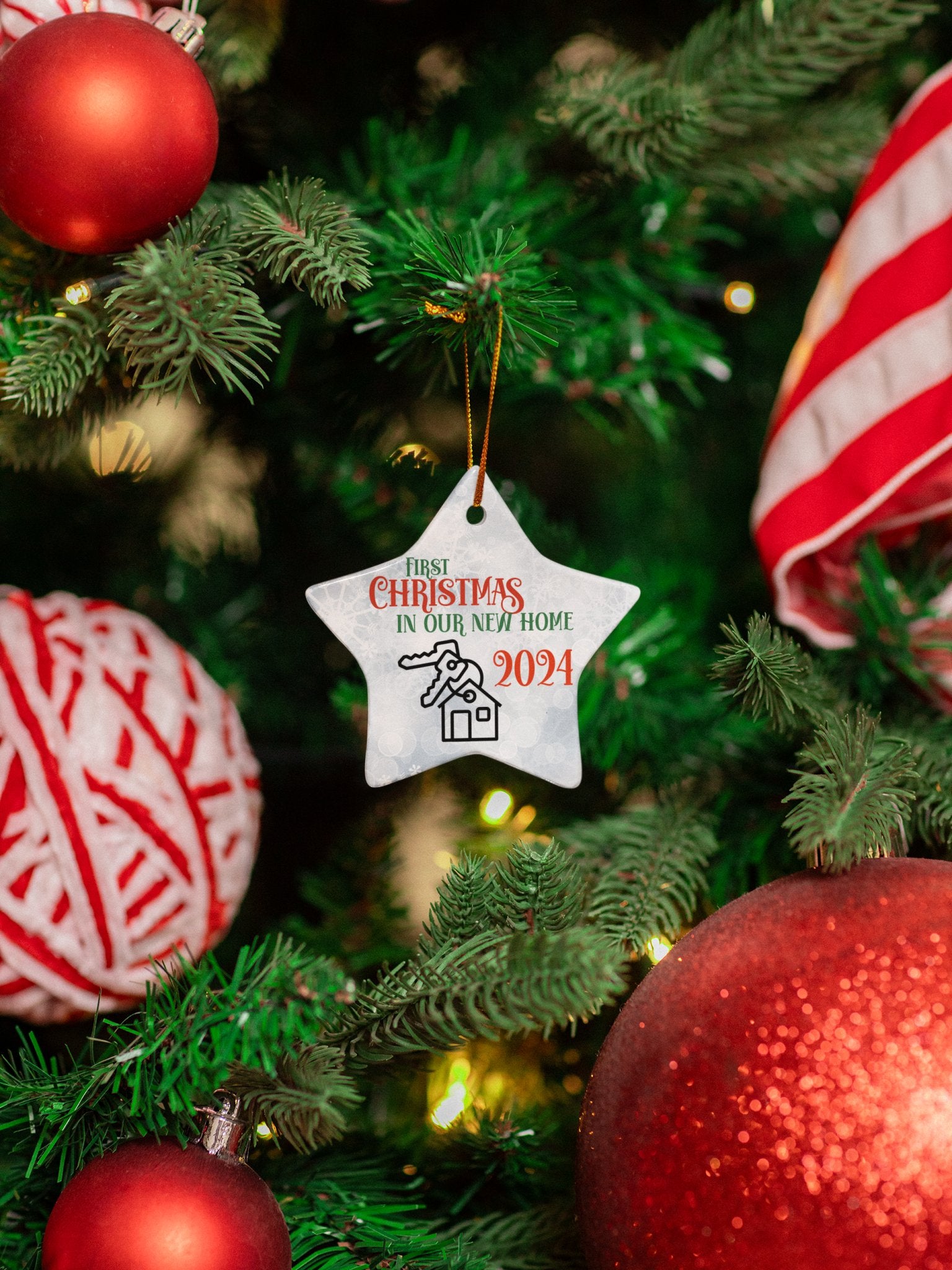 Christmas Housewarming Ceramic Ornament, New Homeowner Gift, Holiday Decoration, 2024 Keepsake, House Key Ornament, Bokeh Background - EternalAscension