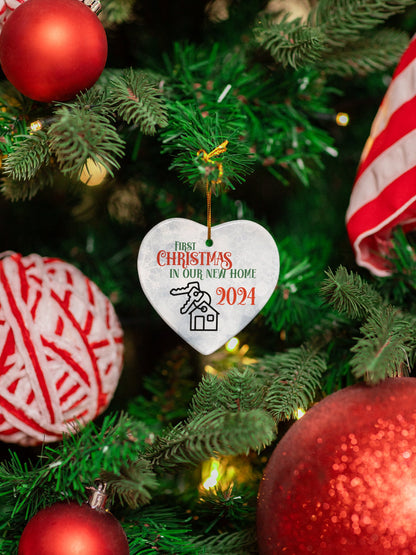 Christmas Housewarming Ceramic Ornament, New Homeowner Gift, Holiday Decoration, 2024 Keepsake, House Key Ornament, Bokeh Background - EternalAscension