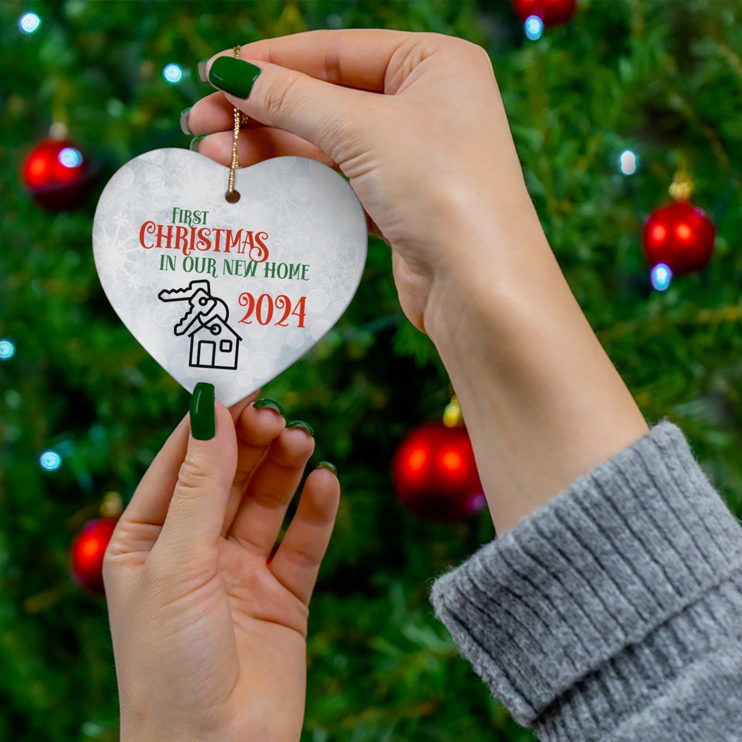 Christmas Housewarming Ceramic Ornament, New Homeowner Gift, Holiday Decoration, 2024 Keepsake, House Key Ornament, Bokeh Background - EternalAscension