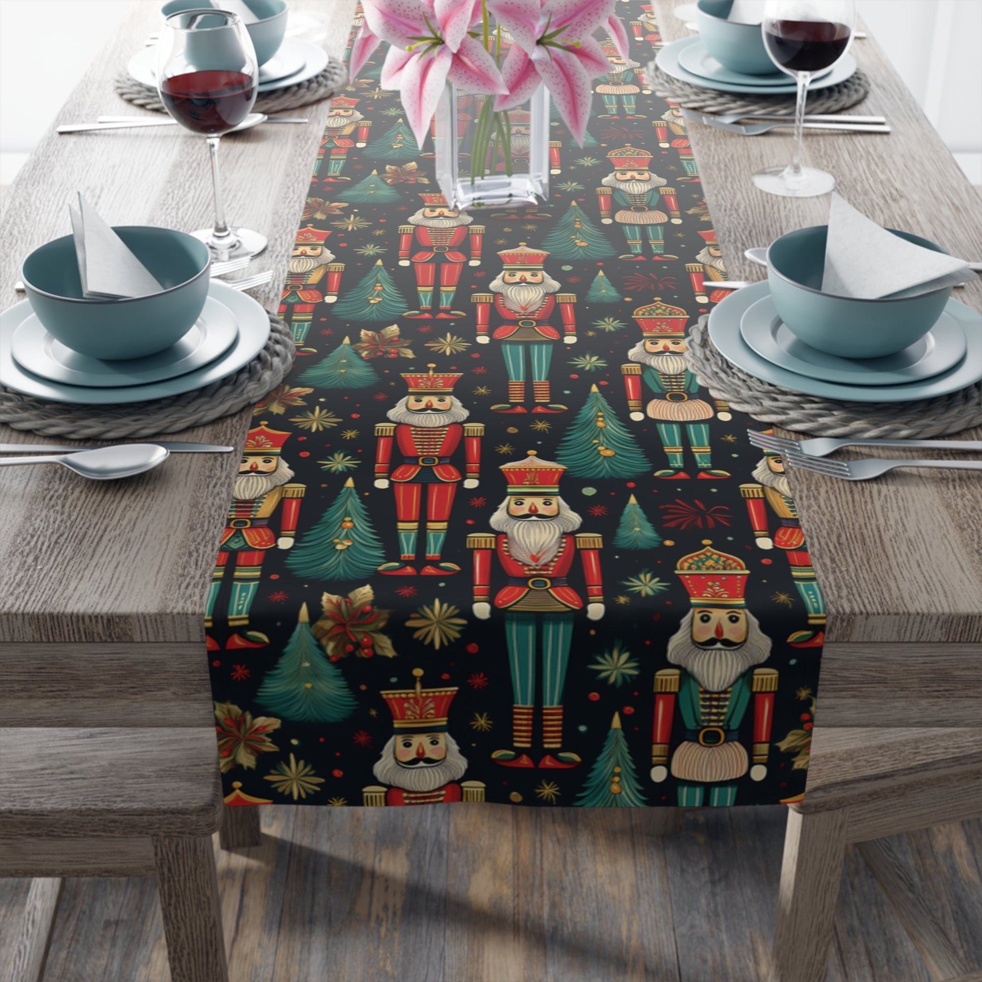Christmas Nutcrackers Table Runner, Festive Cotton Poly Holiday Decor, Xmas Dinner Decoration, Kitchen Table Linens, Dining Room Centerpiece - EternalAscension