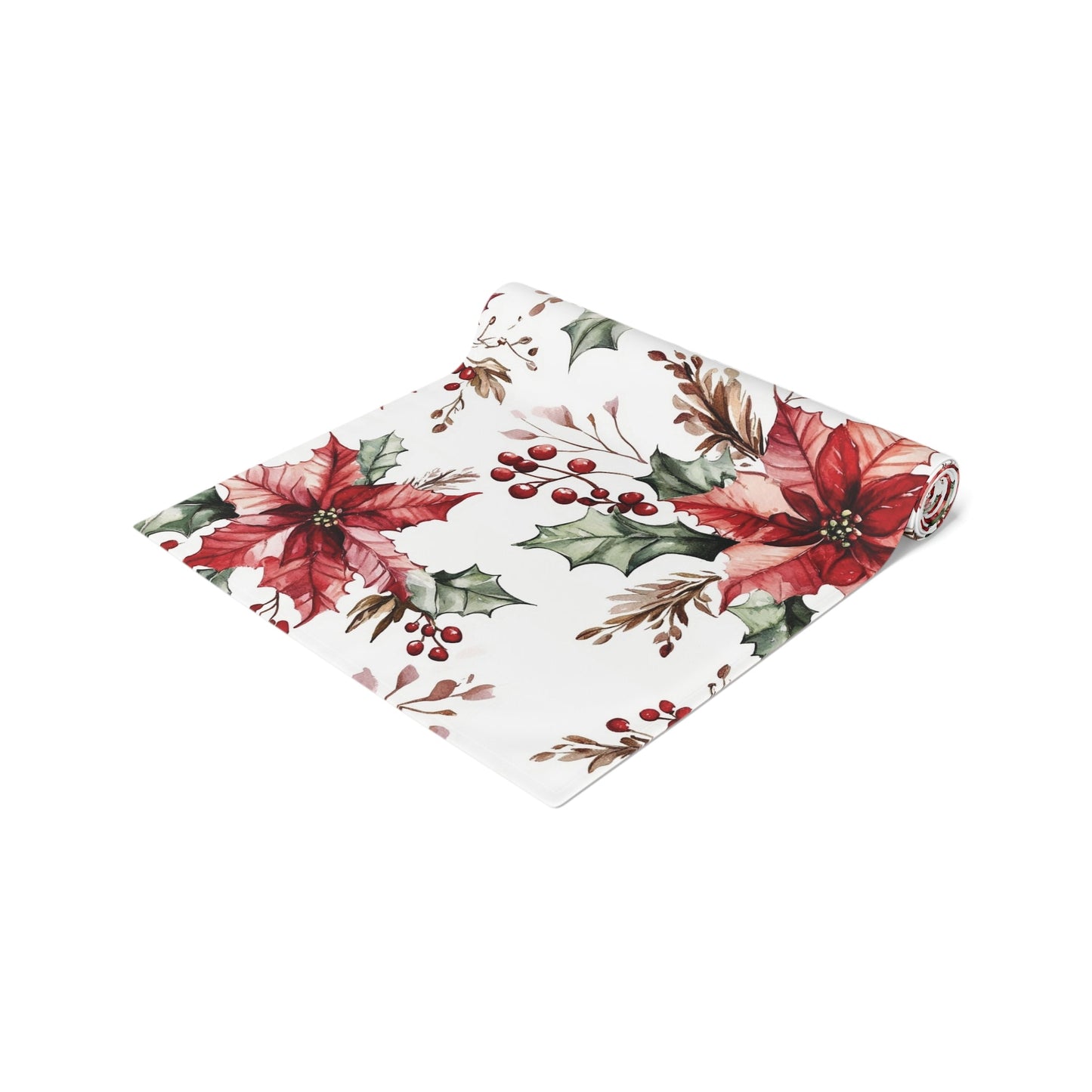 Christmas Poinsettia Table Runner, Festive Holiday Cotton Decor, Red Berry Holly Pine Cone Design, Xmas Dining Room Linens, Holiday Home - EternalAscension