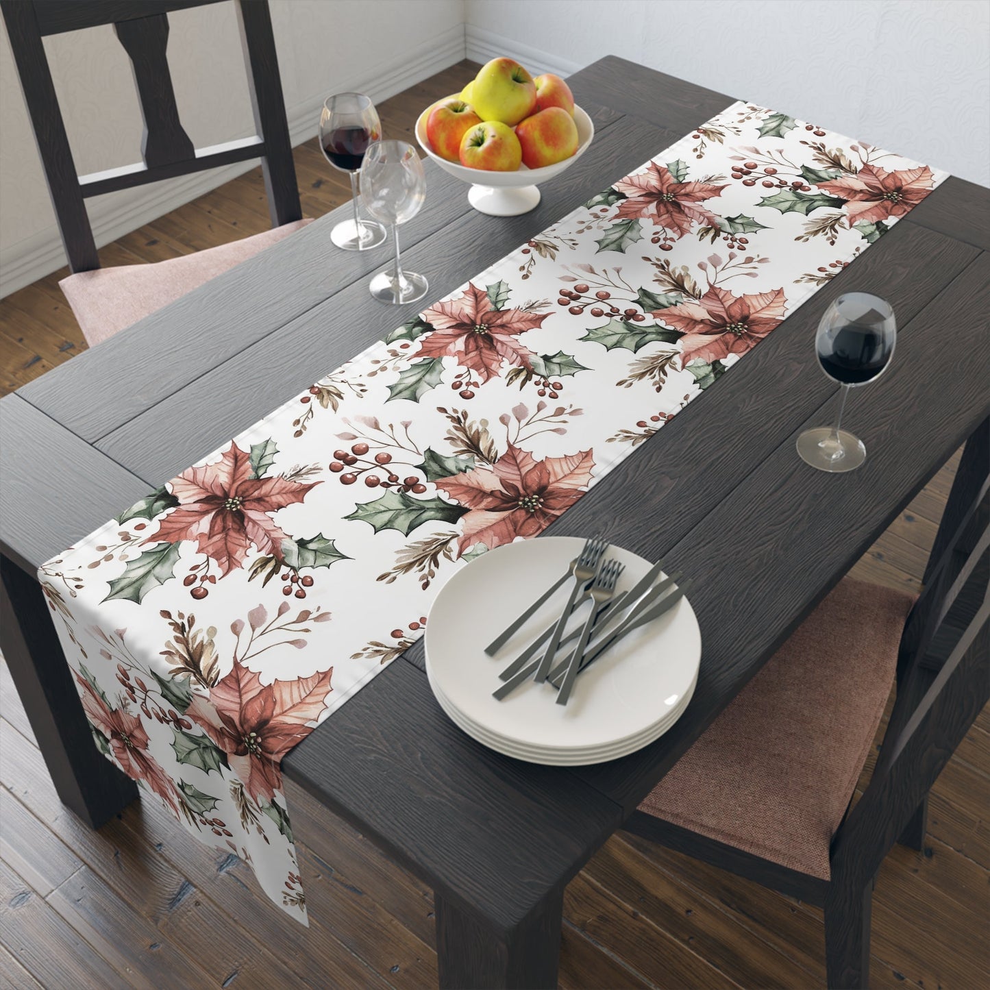 Christmas Poinsettia Table Runner, Festive Holiday Cotton Decor, Red Berry Holly Pine Cone Design, Xmas Dining Room Linens, Holiday Home - EternalAscension