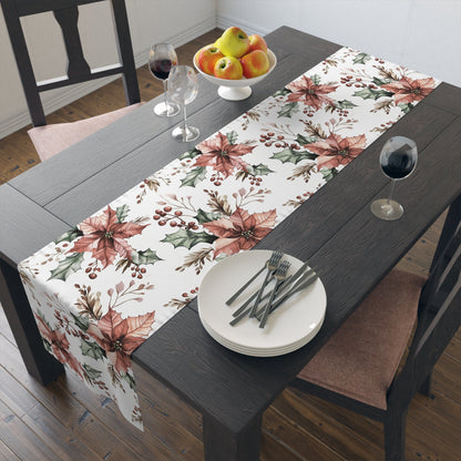 Christmas Poinsettia Table Runner, Festive Holiday Cotton Decor, Red Berry Holly Pine Cone Design, Xmas Dining Room Linens, Holiday Home - EternalAscension