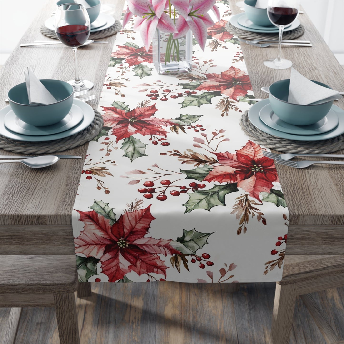 Christmas Poinsettia Table Runner, Festive Holiday Cotton Decor, Red Berry Holly Pine Cone Design, Xmas Dining Room Linens, Holiday Home - EternalAscension