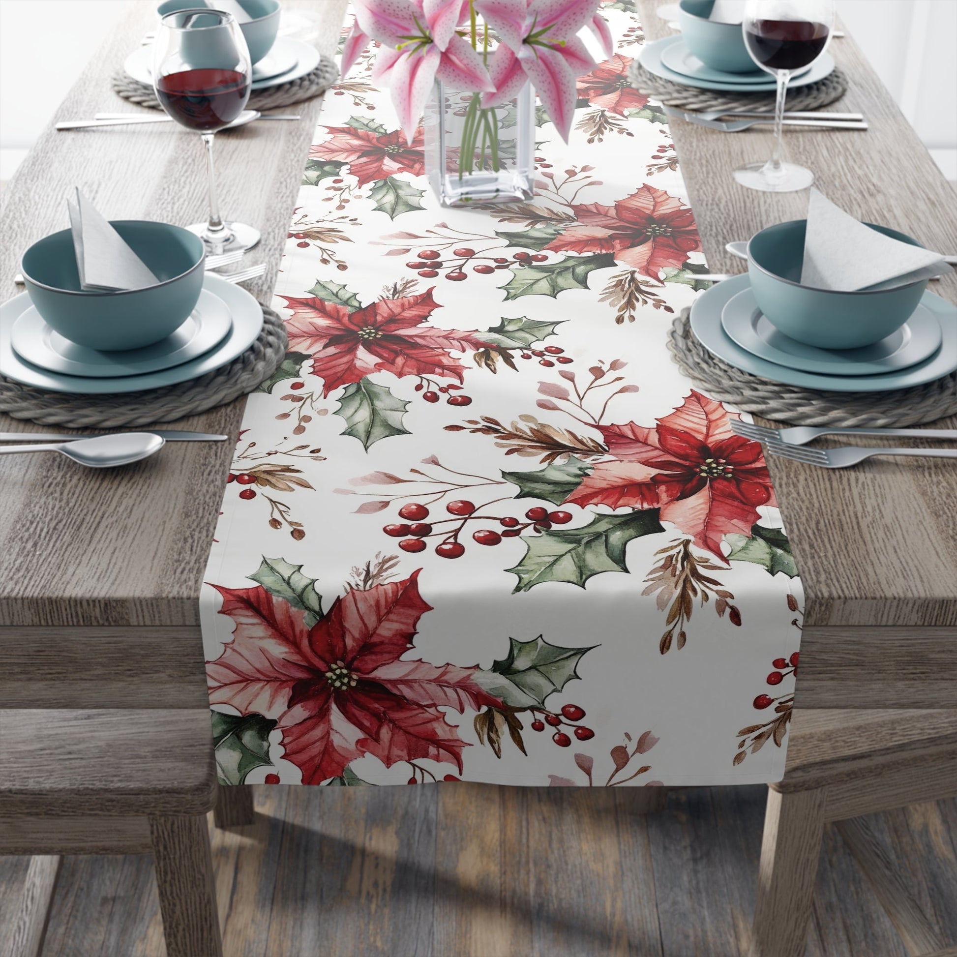 Christmas Poinsettia Table Runner, Festive Holiday Cotton Decor, Red Berry Holly Pine Cone Design, Xmas Dining Room Linens, Holiday Home - EternalAscension