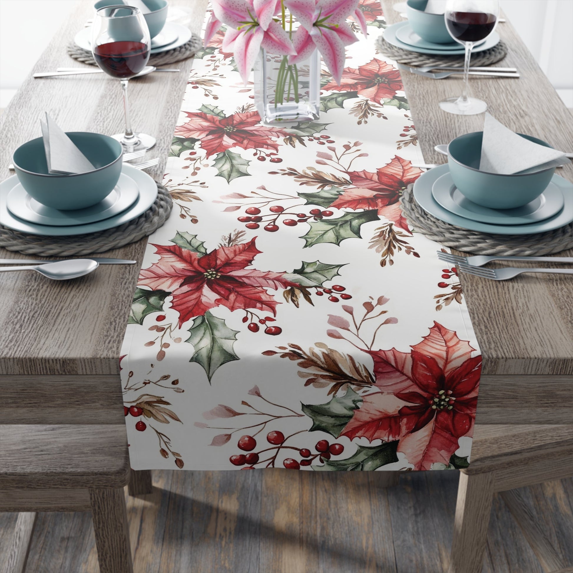 Christmas Poinsettia Table Runner, Festive Holiday Cotton Decor, Red Berry Holly Pine Cone Design, Xmas Dining Room Linens, Holiday Home - EternalAscension