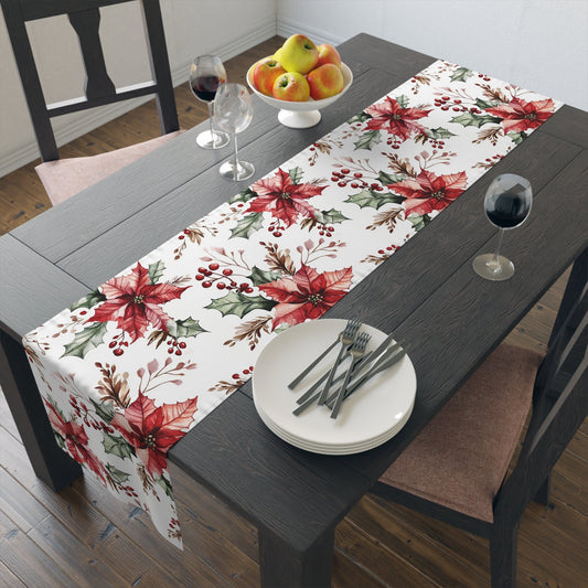 Christmas Poinsettia Table Runner, Festive Holiday Cotton Decor, Red Berry Holly Pine Cone Design, Xmas Dining Room Linens, Holiday Home - EternalAscension
