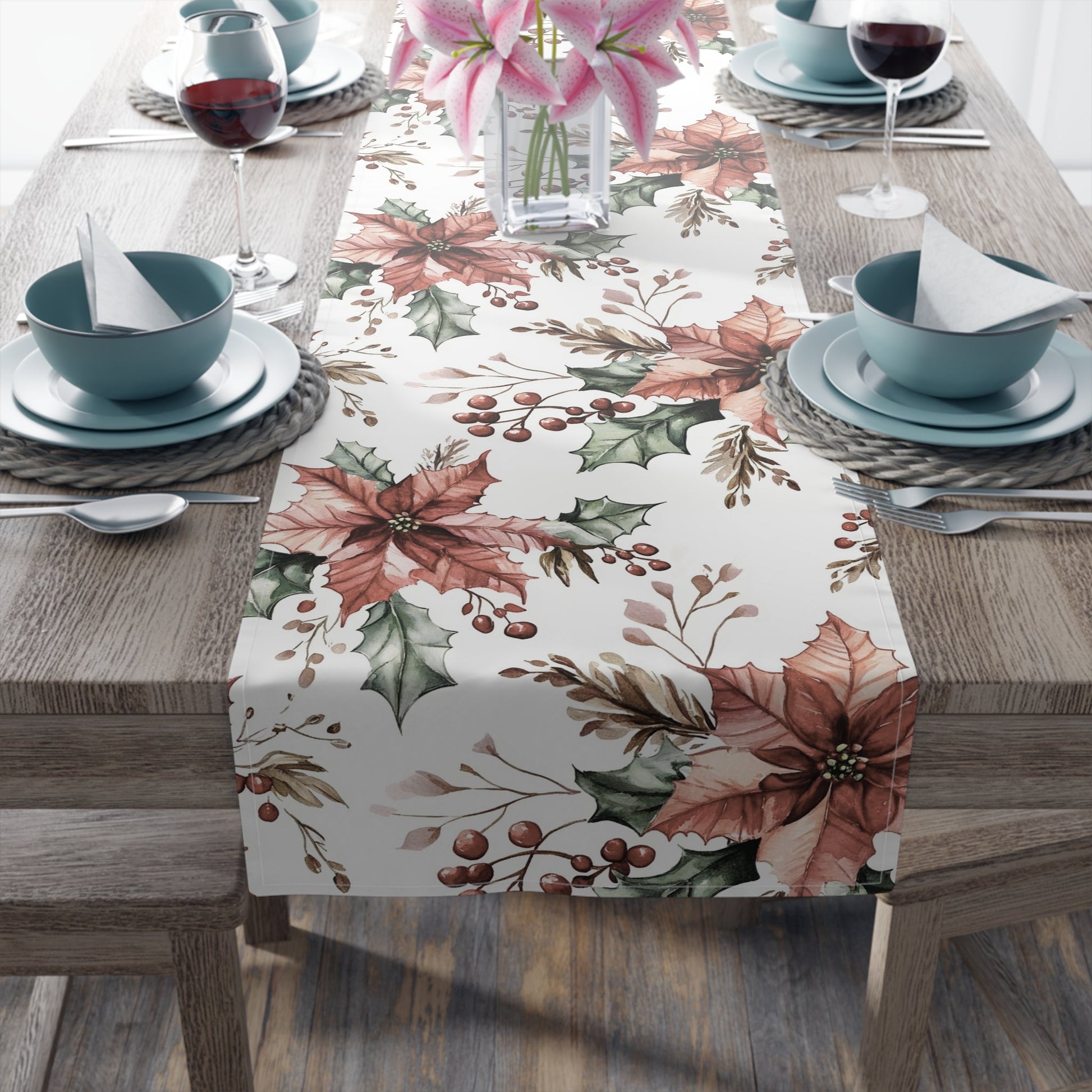Christmas Poinsettia Table Runner, Festive Holiday Cotton Decor, Red Berry Holly Pine Cone Design, Xmas Dining Room Linens, Holiday Home - EternalAscension