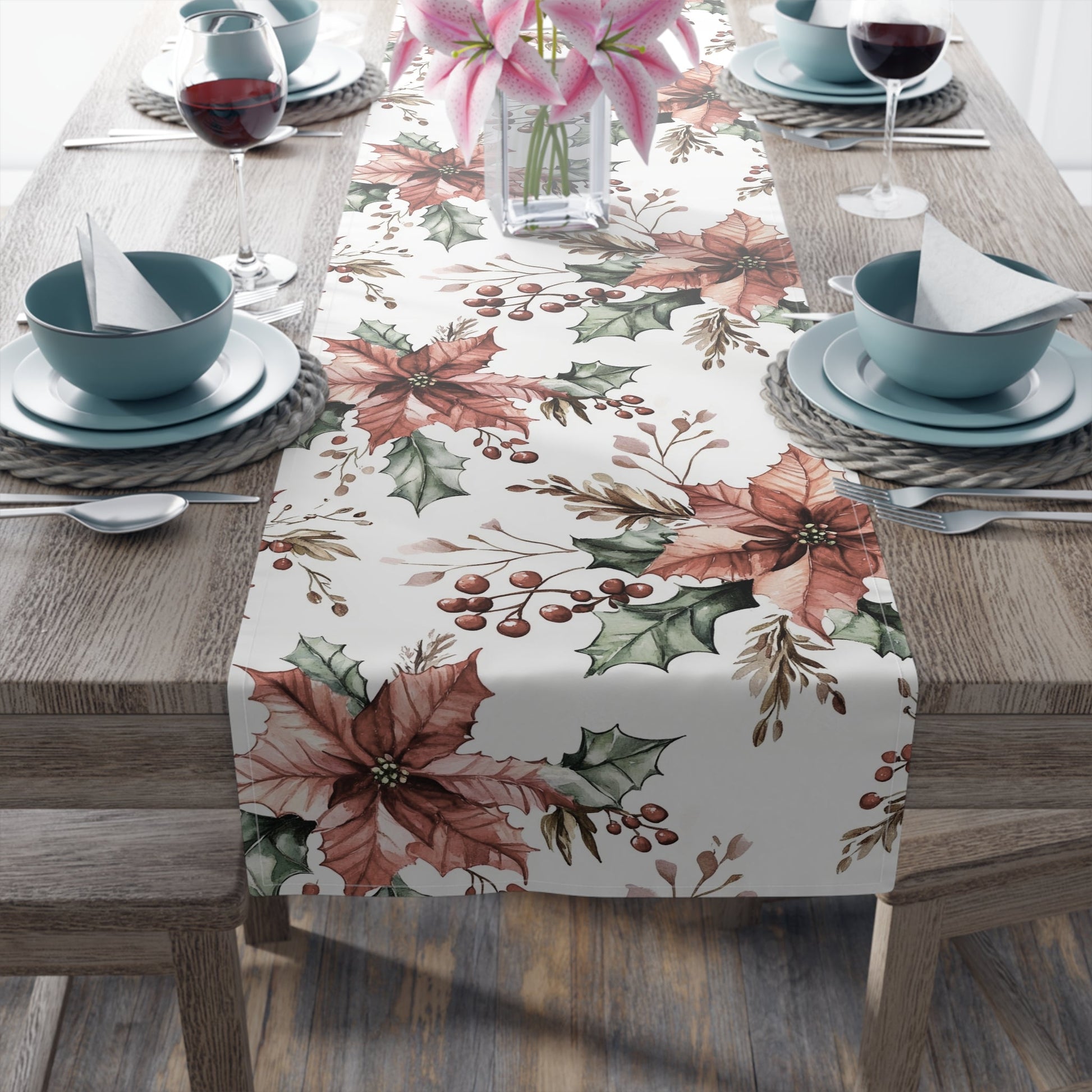 Christmas Poinsettia Table Runner, Festive Holiday Cotton Decor, Red Berry Holly Pine Cone Design, Xmas Dining Room Linens, Holiday Home - EternalAscension