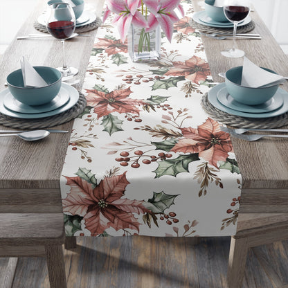 Christmas Poinsettia Table Runner, Festive Holiday Cotton Decor, Red Berry Holly Pine Cone Design, Xmas Dining Room Linens, Holiday Home - EternalAscension