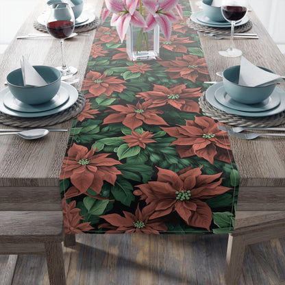 Christmas Poinsettia Table Runner, Festive Holiday Decor, Elegant Red Floral Design, Cotton Poly Blend, Dining Table Centerpiece, Seasonal - EternalAscension