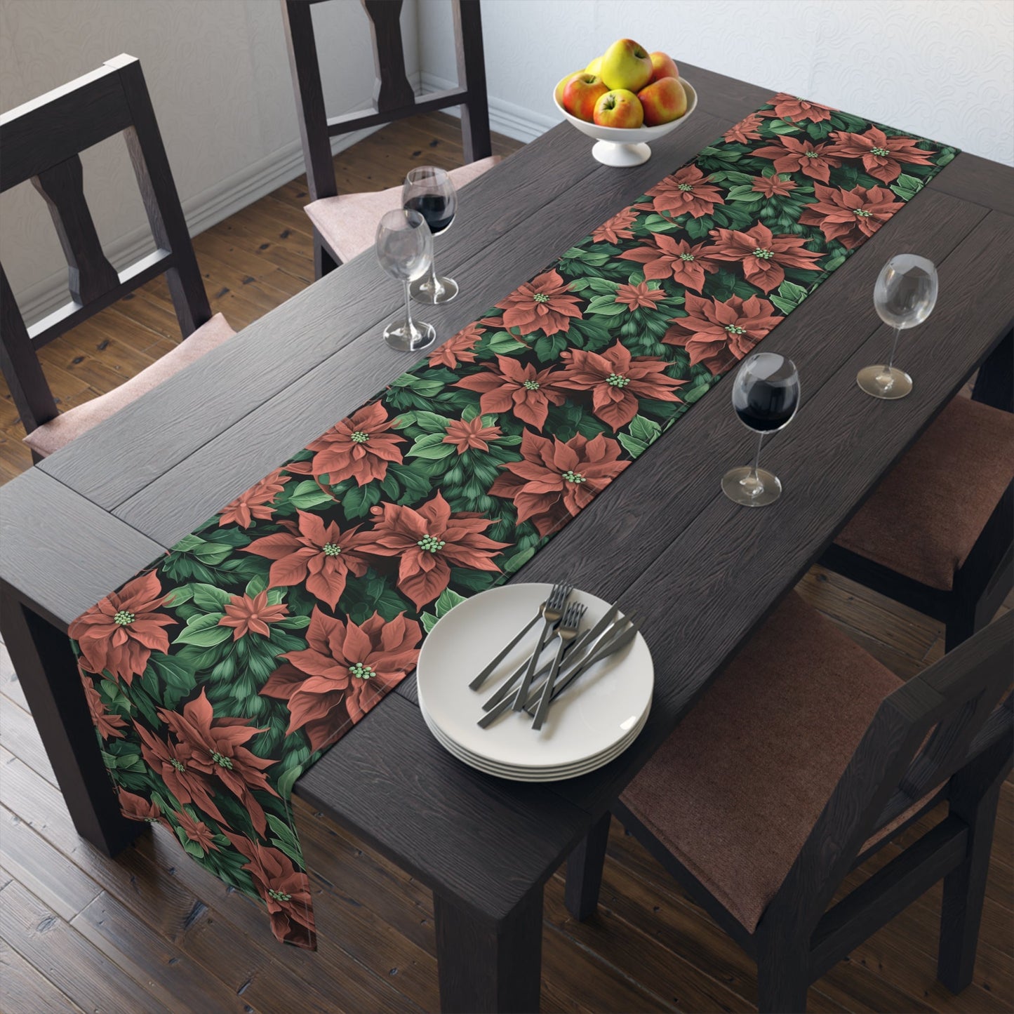 Christmas Poinsettia Table Runner, Festive Holiday Decor, Elegant Red Floral Design, Cotton Poly Blend, Dining Table Centerpiece, Seasonal - EternalAscension
