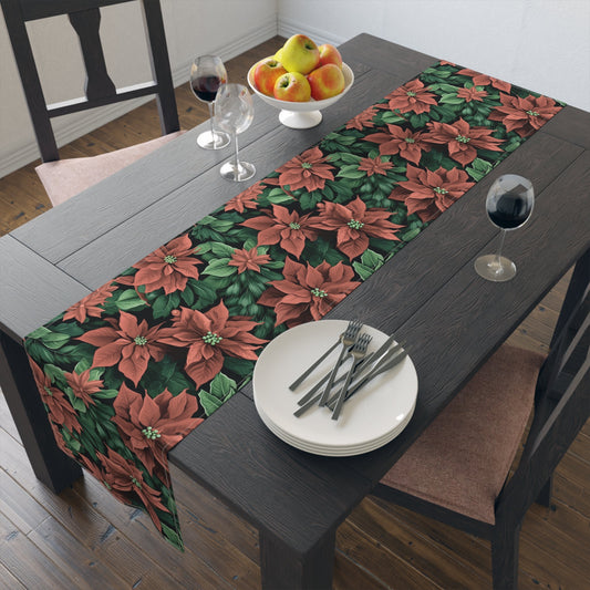 Christmas Poinsettia Table Runner, Festive Holiday Decor, Elegant Red Floral Design, Cotton Poly Blend, Dining Table Centerpiece, Seasonal - EternalAscension