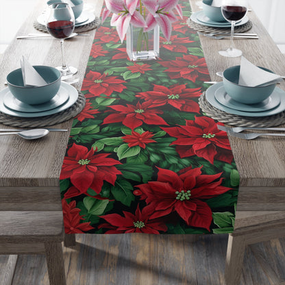Christmas Poinsettia Table Runner, Festive Holiday Decor, Elegant Red Floral Design, Cotton Poly Blend, Dining Table Centerpiece, Seasonal - EternalAscension