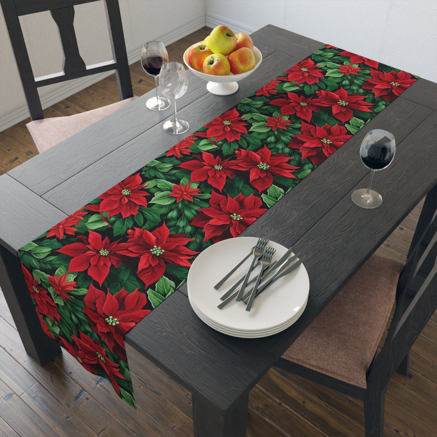 Christmas Poinsettia Table Runner, Festive Holiday Decor, Elegant Red Floral Design, Cotton Poly Blend, Dining Table Centerpiece, Seasonal - EternalAscension