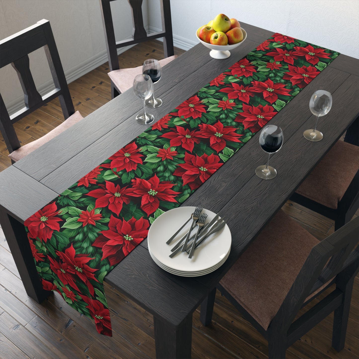 Christmas Poinsettia Table Runner, Festive Holiday Decor, Elegant Red Floral Design, Cotton Poly Blend, Dining Table Centerpiece, Seasonal - EternalAscension