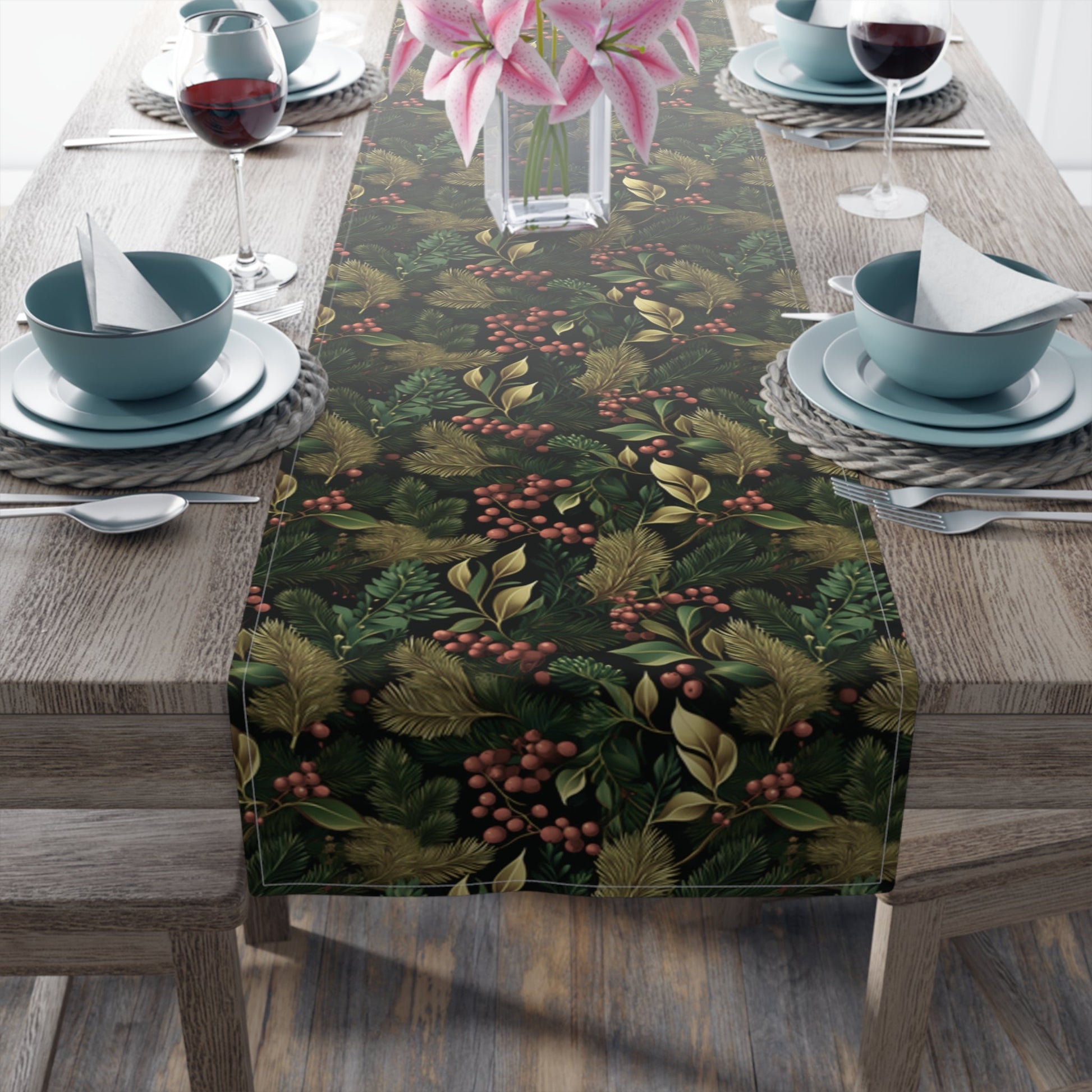Christmas Table Runner Elegant Botanical Print, Festive Dining Decor, Cotton Poly Table Linen, Holiday Home Decoration, Kitchen Dining - EternalAscension