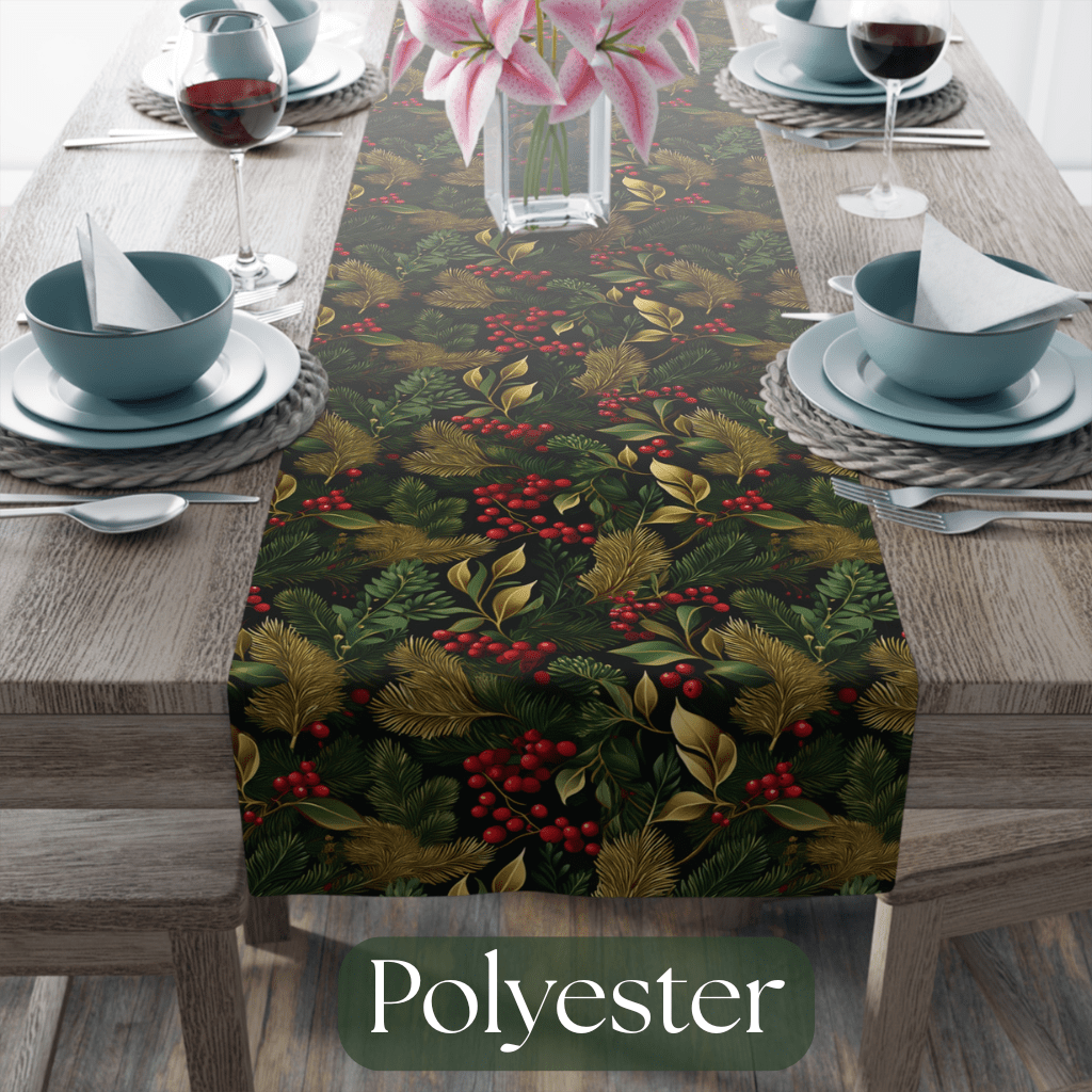 Christmas Table Runner Elegant Botanical Print, Festive Dining Decor, Cotton Poly Table Linen, Holiday Home Decoration, Kitchen Dining - EternalAscension