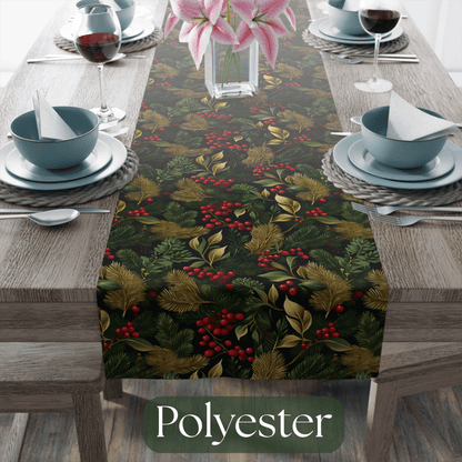 Christmas Table Runner Elegant Botanical Print, Festive Dining Decor, Cotton Poly Table Linen, Holiday Home Decoration, Kitchen Dining - EternalAscension