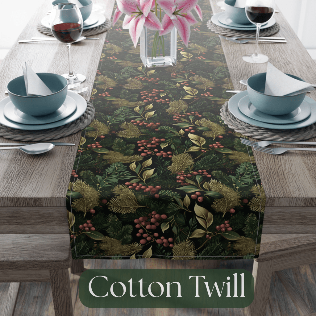 Christmas Table Runner Elegant Botanical Print, Festive Dining Decor, Cotton Poly Table Linen, Holiday Home Decoration, Kitchen Dining - EternalAscension
