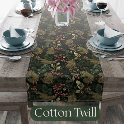 Christmas Table Runner Elegant Botanical Print, Festive Dining Decor, Cotton Poly Table Linen, Holiday Home Decoration, Kitchen Dining - EternalAscension